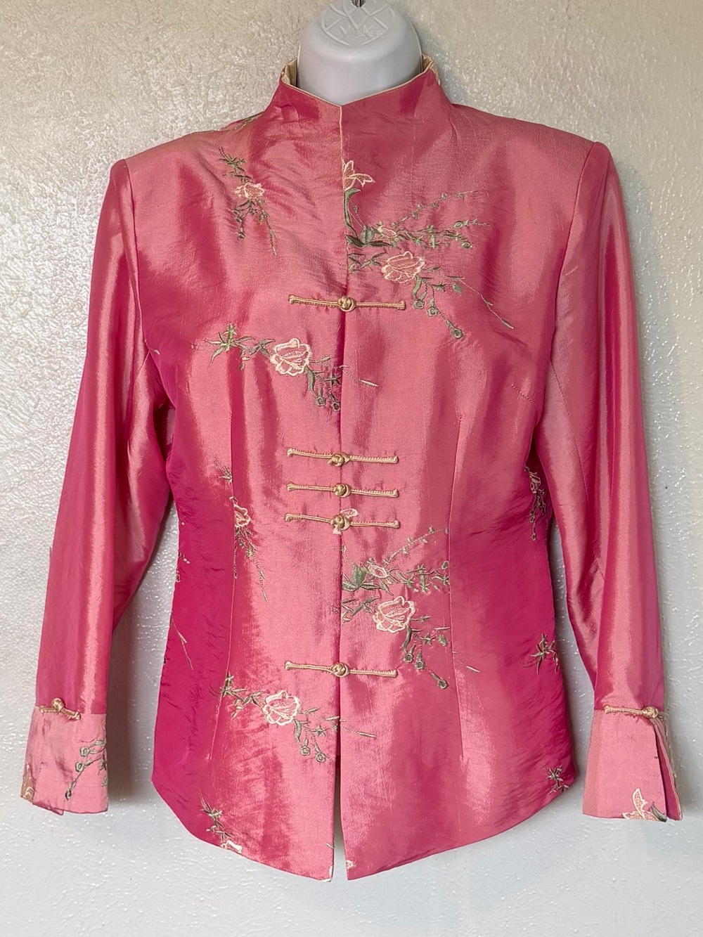 Vintage 90’s Asian Pink Satin Chinoiserie Floral Embroidered Frog Closure Jacket